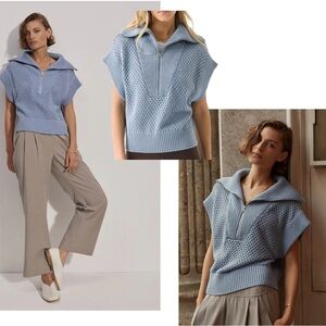 Joie blue mesh knit chunky collar half zipper cap sleeve sweater Sz L NWOT